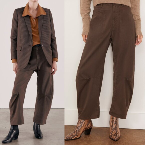 Nili Lotan Shon Pant Chocolate Brown Twill Cotton Barrel Leg Crop Hemmed Size 0 - Picture 10 of 11
